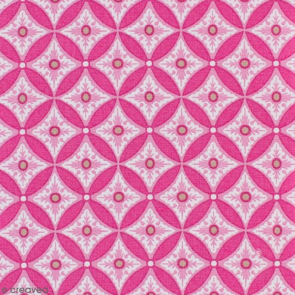 Tissu Portofino - Grandes fleurs géométriques rose fuchisa - Fond Rose - Par 10 cm (sur mesure) - Photo n°1