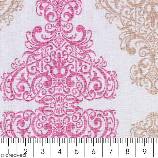 Tissu Portofino - Arabesques rose et beige - Fond Blanc - Par 10 cm (sur mesure) - Photo n°2