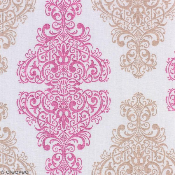 Tissu Portofino - Arabesques rose et beige - Fond Blanc - Par 10 cm (sur mesure) - Photo n°1