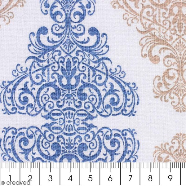 Tissu Portofino - Arabesques bleu et beige - Fond Blanc - Par 10 cm (sur mesure) - Photo n°2