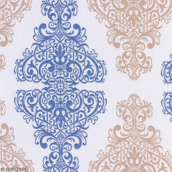 Tissu Portofino - Arabesques bleu et beige - Fond Blanc - Par 10 cm (sur mesure) - Photo n°1