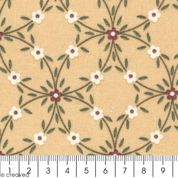 Tissu With Love - Fleurs feuillages - Fond Beige ocre - Par 10 cm (sur mesure) - Photo n°2