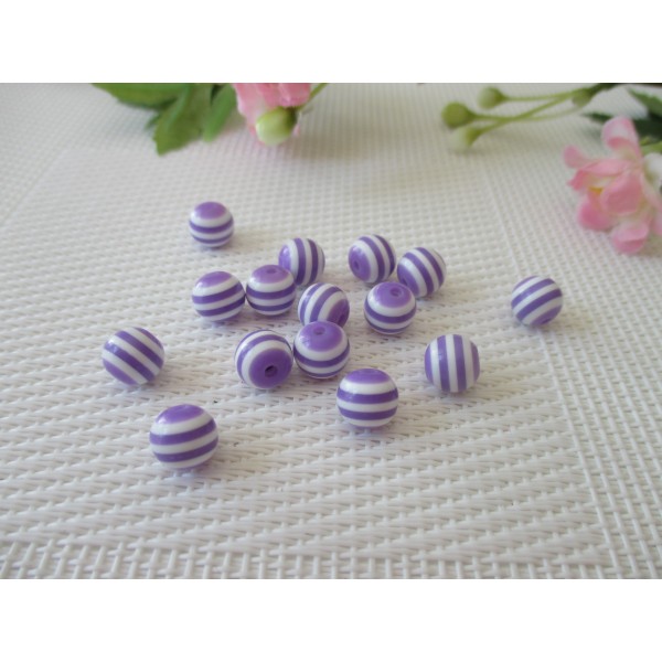 Perles résine 8 mm blanche rayure violette x 20 - Photo n°1