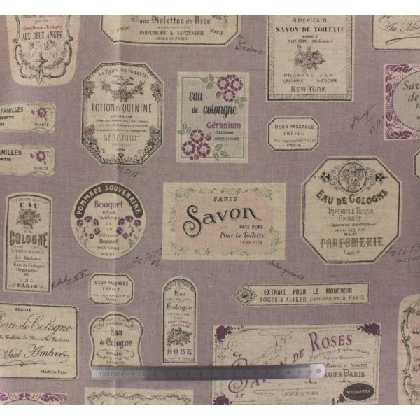 Tissu japonais Yuwa - motif étiquettes mauve - 80% coton 20% lin - 50cm - Photo n°1