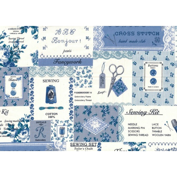 Tissu japonais Yuwa - motif étiquettes / broderie bleu - 100% coton - 50cm - Photo n°1