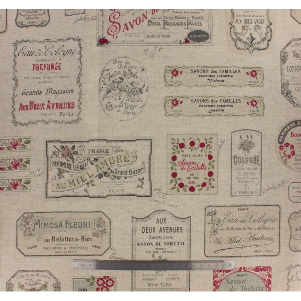 Tissu japonais Yuwa - motif étiquettes beige - 80% coton 20% lin - 50cm - Photo n°1