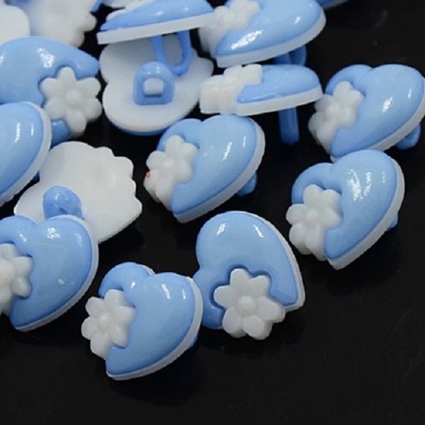 Boutons acryliques cœur bleu et blanc x 10 - Photo n°1