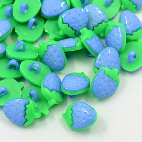 Boutons acrylique 15 mm fraise verte et bleue x 10 - Photo n°1