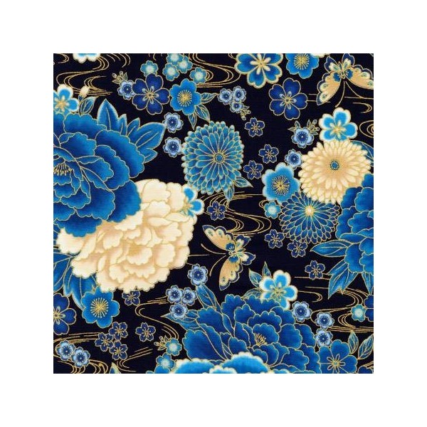 Tissu patchwork japonais fleurs bleus et papillons fond marine Dimensions:par 10 cm - Photo n°1