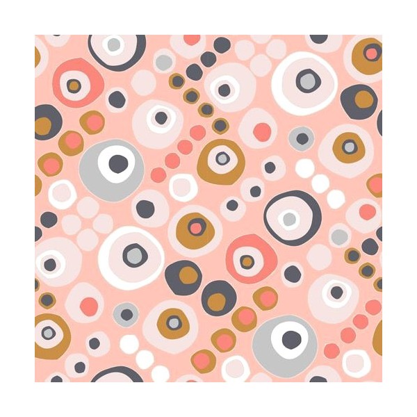 Tissu patchwork cercles corail et gris fond rose clair - Flourish Dimensions:par 10 cm - Photo n°1