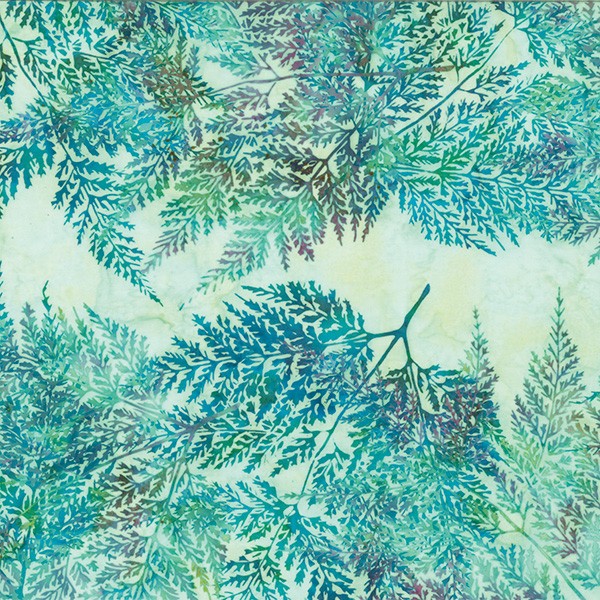 Tissu batik grandes feuilles bleues fond ciel Dimensions:par 10 cm - Photo n°1