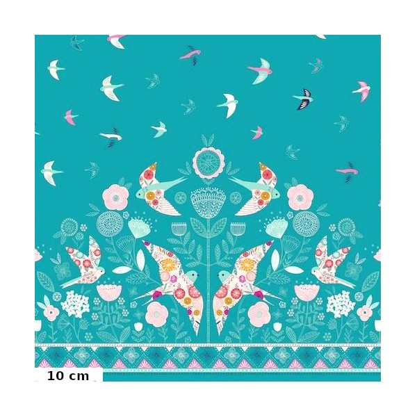 Panneau de tissu patchwork oiseaux fond turquoise - Summer Dance - 60 x 110 cm - Photo n°1