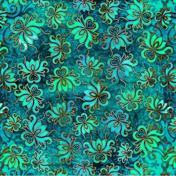 Tissu patchwork fleur de lotus fond turquoise - Pandora Dimensions:par 10 cm - Photo n°1