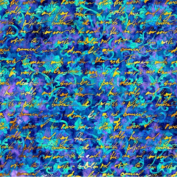Tissu patchwork écritures fond bleu - Pandora Dimensions:par 10 cm - Photo n°1