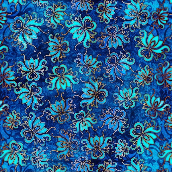 Tissu patchwork fleur de lotus fond bleu - Pandora Dimensions:par 10 cm - Photo n°1