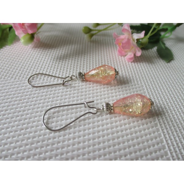 Kit boucles d'oreilles perles goutte rose orange et apprêts argent mat - Photo n°1