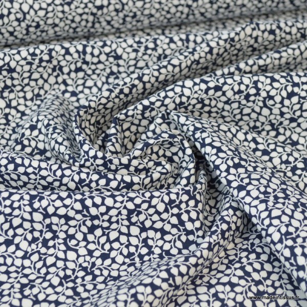 Tissu coton Feuilles bleu marine et Blanc - Photo n°2