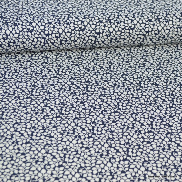 Tissu coton Feuilles bleu marine et Blanc - Photo n°1
