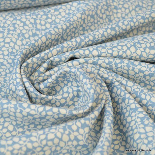 Tissu coton Feuilles bleu Bleu gris et Blanc - Photo n°2