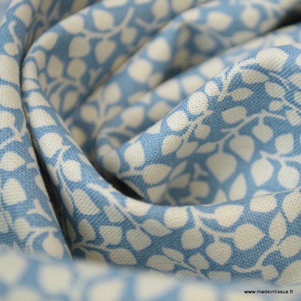 Tissu coton Feuilles bleu Bleu gris et Blanc - Photo n°3