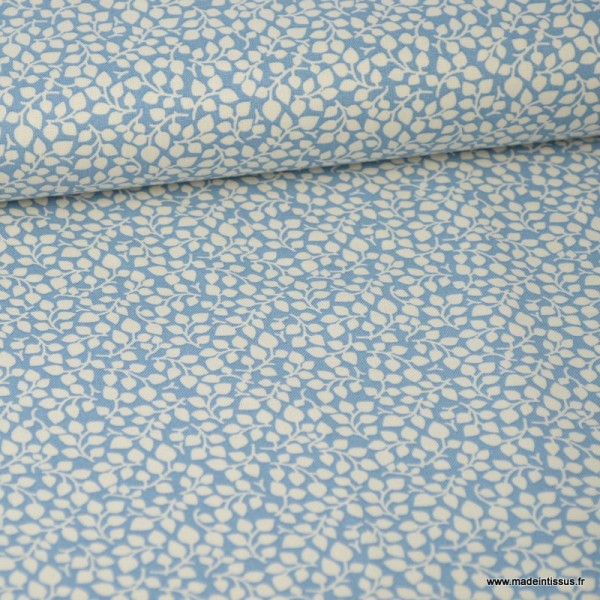 Tissu coton Feuilles bleu Bleu gris et Blanc - Photo n°1