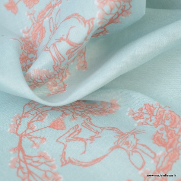 Tissu popeline motif Lapin  couronne de fleurs fond Menthe - Photo n°2