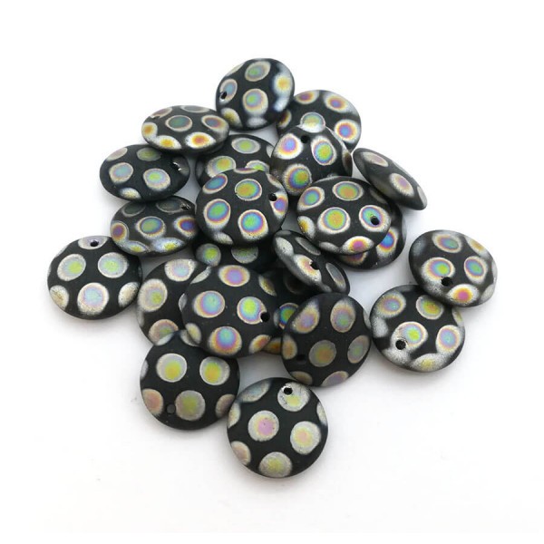 10x Perles Lentilles en verre Tchèque 12mm MATTE JET BLACK PEACOCK - Photo n°2