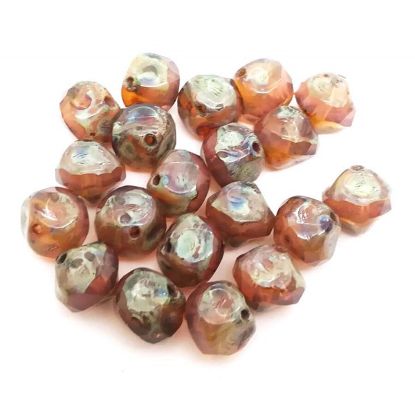 10x Perles Baroques 9mm en verre Tchèque, Ambre Rose / Picasso Polished - Photo n°2