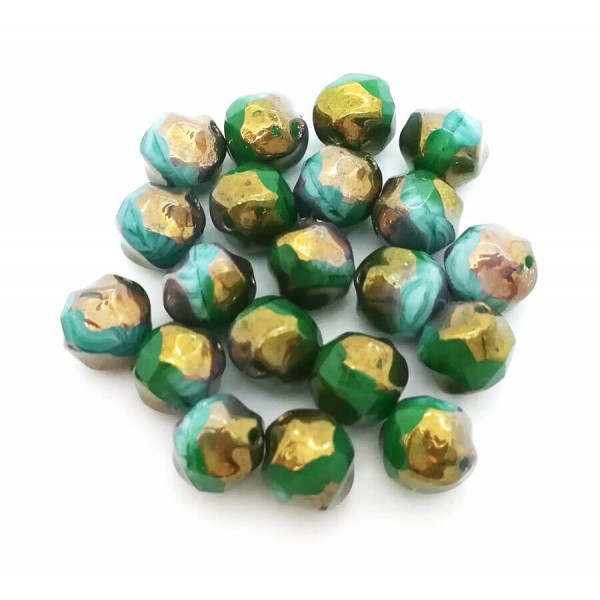 10x Perles Baroques 9mm en verre Tchèque, Vert Emeraude Antique / Gold Polished - Photo n°2