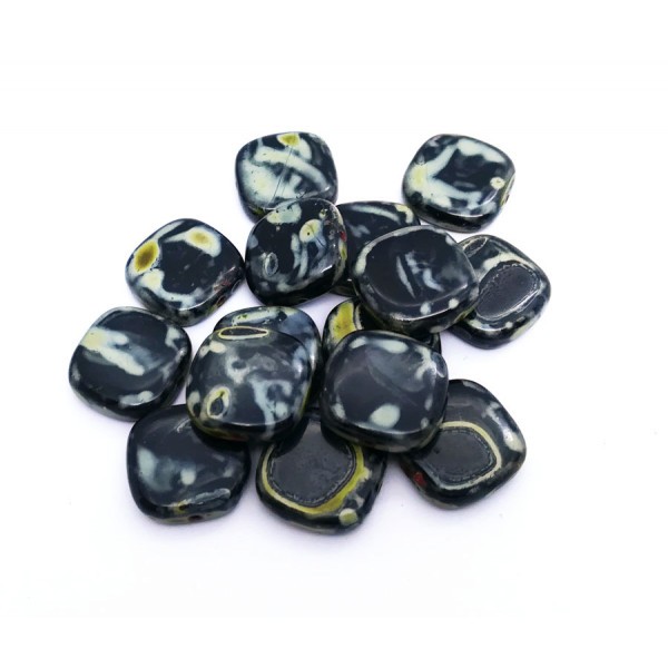 4 Perles Verre Tchèque Pebbles 13mm Noir Opaque Picasso - Photo n°1