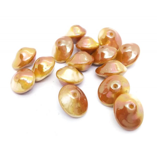 10 Perles Verre Tchèque UFO Beads 7x11mm Opaque White Apricot Luster - Photo n°1