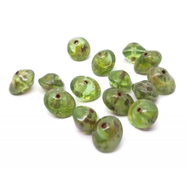 10 Perles Verre Tchèque UFO Beads 7x11mm Vert Transparent Picasso - Photo n°1