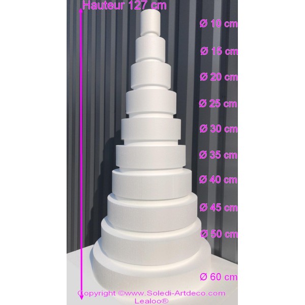 Pièce montée Wedding Cake, Hauteur 127 cm, Base Ø 60cm à 10cm, 10 étages en Polystyrène - Photo n°2