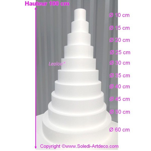 Pièce montée Wedding Cake  Hauteur 100 cm, Base Ø 60cm à 10cm, 10 étages en Polystyrène - Photo n°2