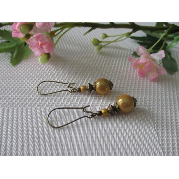 Kit de boucles d'oreilles apprêts bronze et perles magiques dorées - Photo n°1