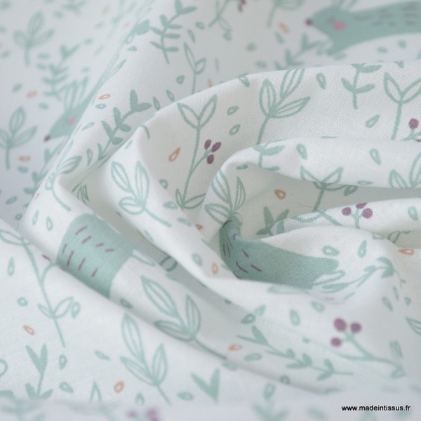 Tissu coton imprimé lapin Céladon fond blanc - Oeko tex - Photo n°3