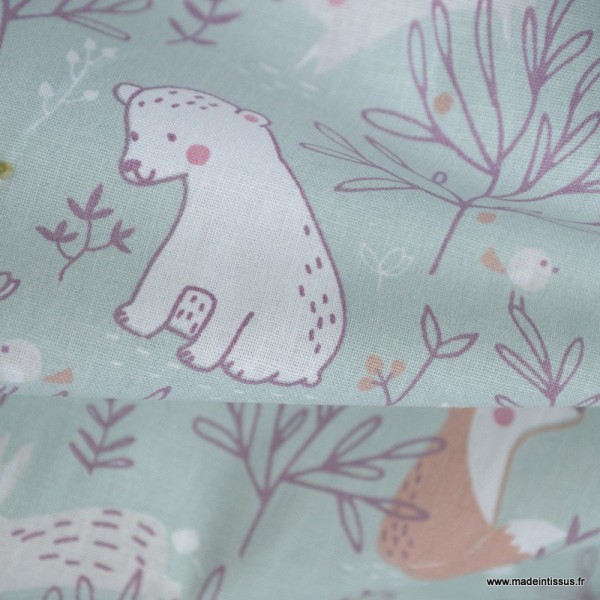 Tissu coton imprimé renards, ours, hérissons et feuillage noisette fond céladon - Oeko tex - Photo n°3