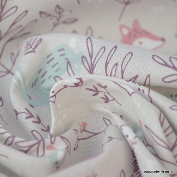 Tissu coton imprimé renards, ours, hérissons et feuillage prune fond Grège - Oeko tex - Photo n°3