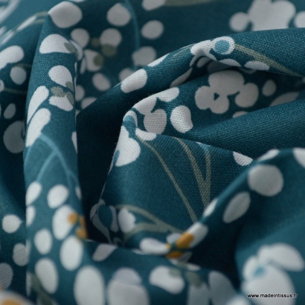 Tissu coton imprimé Cerisiers Japonais vert Paon et Blanc -  Oeko tex - Photo n°3