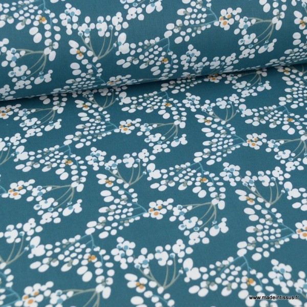 Tissu coton imprimé Cerisiers Japonais vert Paon et Blanc -  Oeko tex - Photo n°1