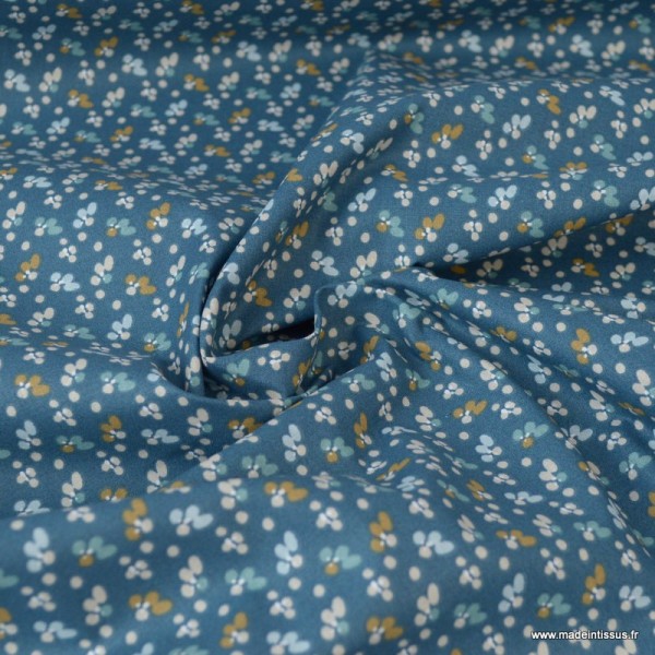Tissu coton imprimé petites fleurs noisettes et bleu fond Indigo -  Oeko tex - Photo n°2