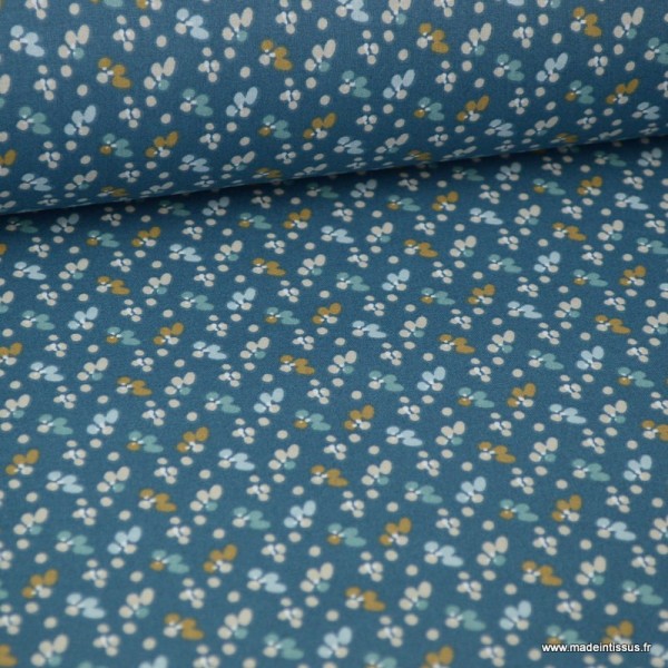 Tissu coton imprimé petites fleurs noisettes et bleu fond Indigo -  Oeko tex - Photo n°1