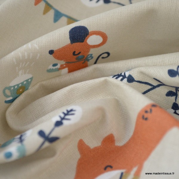 Tissu coton imprimé petites fleurs, oiseaux, renards, hiboux et souris fond Lin -  Oeko tex - Photo n°3