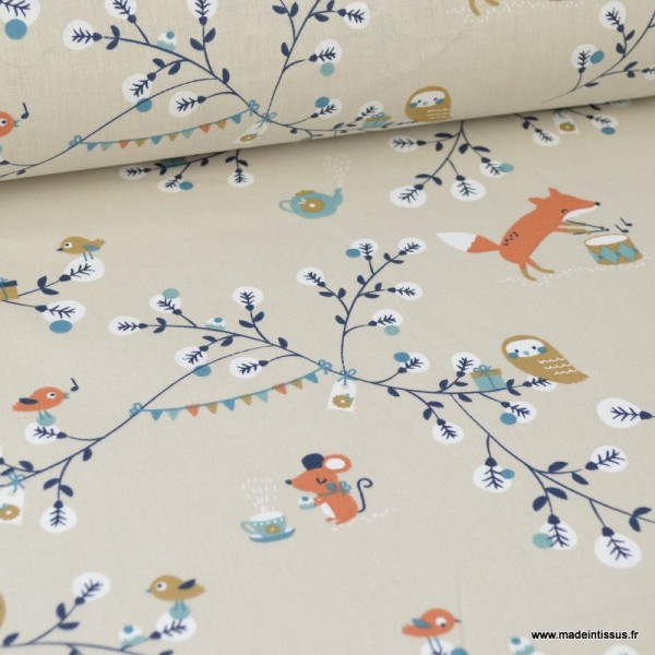 Tissu coton imprimé petites fleurs, oiseaux, renards, hiboux et souris fond Lin -  Oeko tex - Photo n°1