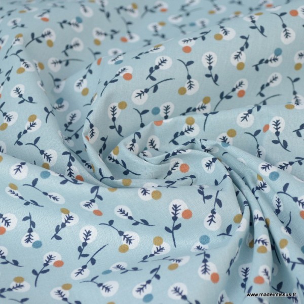 Tissu coton imprimé petites fleurs noisettes et blanches fond bleu Nil -  Oeko tex - Photo n°2