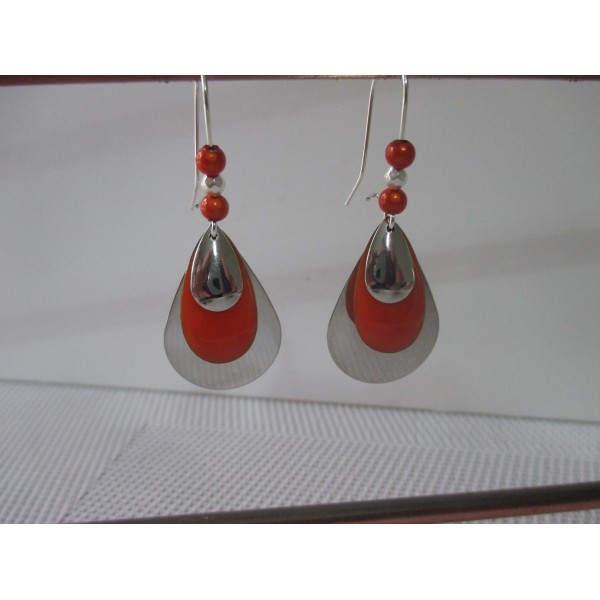 Kit de boucles d'oreilles apprêts argent mat et sequin émail orange - Photo n°2