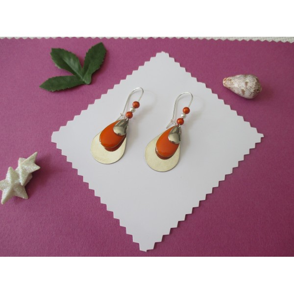 Kit de boucles d'oreilles apprêts argent mat et sequin émail orange - Photo n°1
