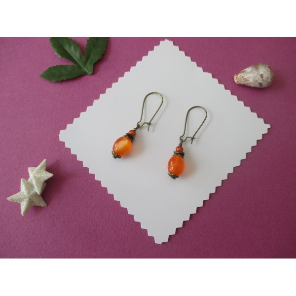 Kit de boucles d'oreilles apprêts bronze et perle olive en verre orange - Photo n°1