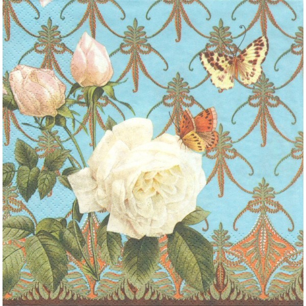 4 Serviettes en papier Rose Blanche Papillon Format Cocktail Decoupage Decopatch 1209-13003 Atelier - Photo n°1