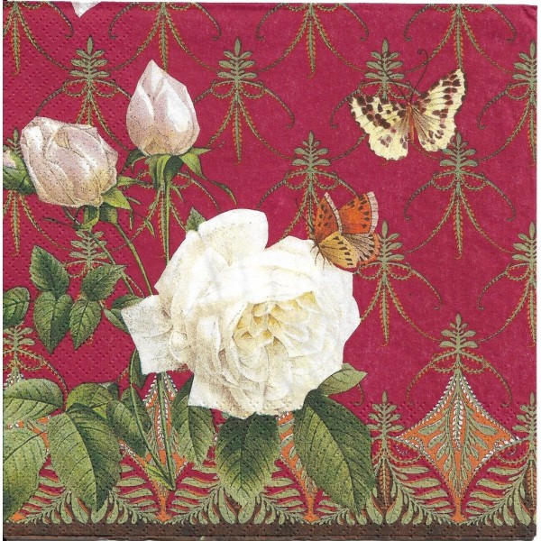 4 Serviettes en papier Rose Blanche Papillon Format Cocktail Decoupage Decopatch 1209-13018 Atelier - Photo n°1